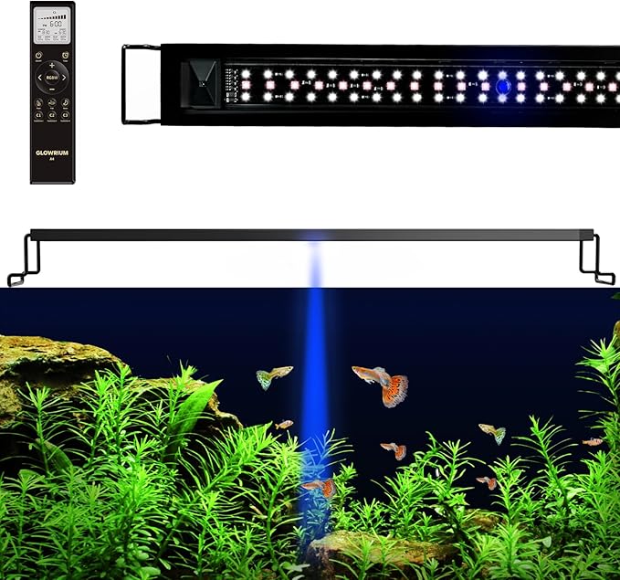 GLOWRIUM LED Aquarium Light with Remote, Full Spectrum Fish Tank Light with Auto Timer, IP67 Waterproof Freshwater Planted Tank Light, Dimmable RGB+W+Moon LEDs with High Performance (36W 48-53inch)