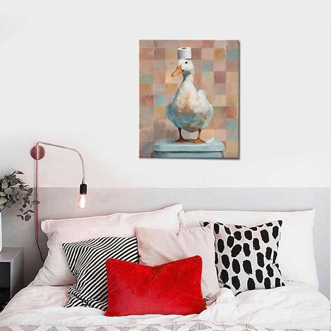 Funny Duck Bathroom Wall Art Cute Duck on Toilet Canvas Wall Decor Funny Quirky Farm Animal Pictures Painting Print Framed Artwork Decorations Gifts for Bathroom 20"x24"
