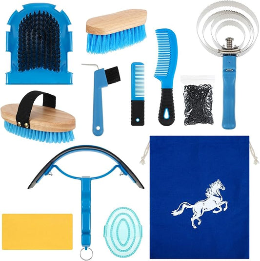 Abbylike 12 Pieces Horse Grooming Kit Racing Festival Tack Room Supplies Horse Brush Sets Equine Care Cleaning Kit Shedding Grooming Massaging Tools(Blue)