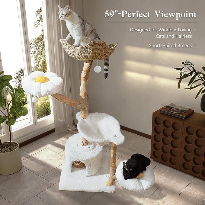 59" Modern Cat Tree Tower for Large Cats w/2 Flower Perches-Natural Solid Wood Scratching Post with Real Branch-Luxury Boho Cat Furniture w/Condo & Wicker Basket Bed, Cloud White