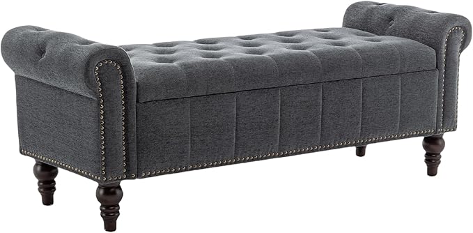 58’’ Storage Bench for Bedroom, Upholstered Button-Tufted Ottoman with Solid Wood Legs, Large End of Bed Shoe Cabinet, Window Seat Foot Rest Stool for Entryway, Closet, and Living Room (Dimgray)