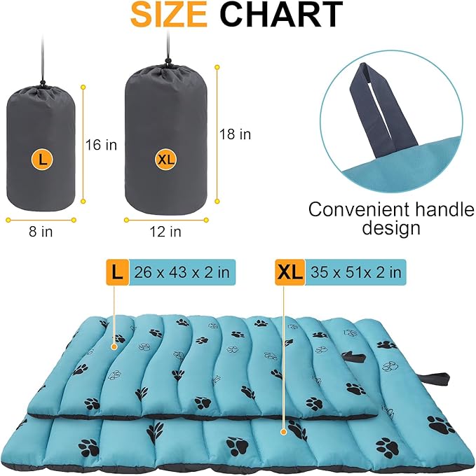 BEAUTYZOO Outdoor Dog Bed Waterproof, Camping Dog Bed Reversible, Portable Travel Bed with Carry Bag- Machine Washable, Durable, Foldable Outdoor Pet Bed Mat for Medium Large Dogs, 26” x 43“ Blue