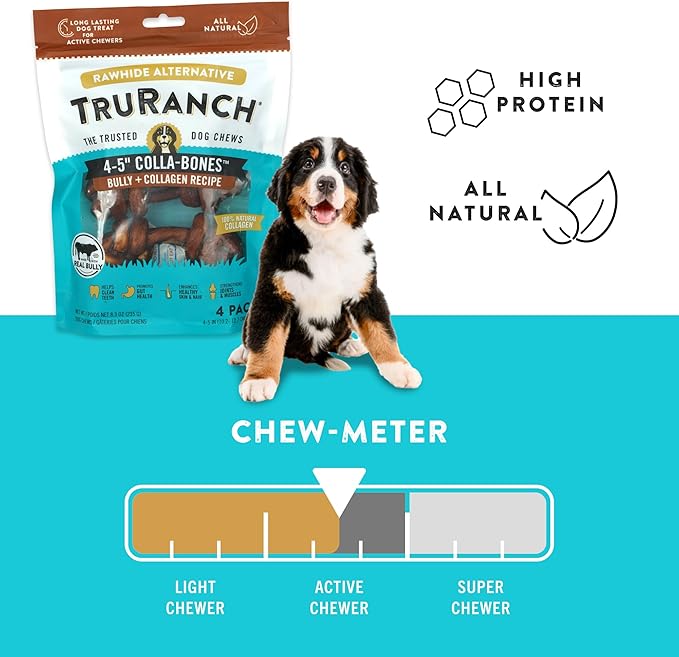 4-5" Collagen Bones, Bully - Collagen Dog Bones - Long Lasting Healthy Joint Support - Rawhide Alternative - Skin & Coat Health, Value Pack, 15 Bags, 60 Count