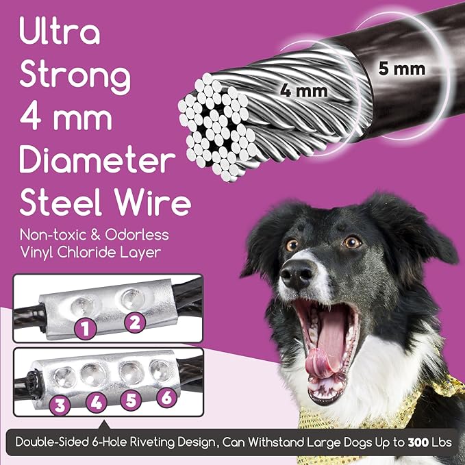 Heavy Duty Dog Tie Out Cable 30ft with Stake - 360° No Tangle Swivel, Spiral Anchor for Dogs up to 210 lbs, Yard Camping Use