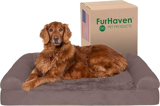 Furhaven Orthopedic Dog Bed for Large Dogs w/ Removable Bolsters & Washable Cover, For Dogs Up to 95 lbs - Faux Fur & Velvet Sofa - Driftwood Brown, Jumbo/XL