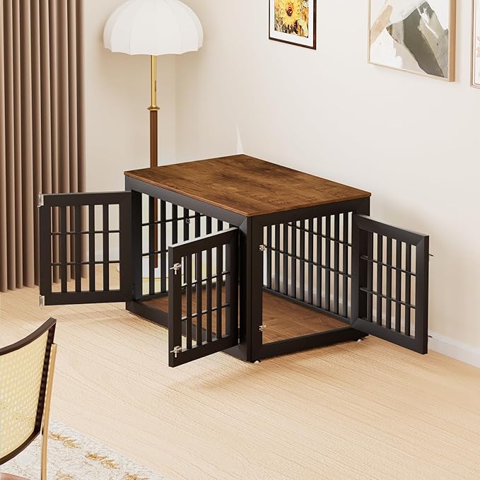 42" Heavy Duty Dog Crate Furniture for Small,Medium and Large Dogs,Rustic Wooden Dog Cage Kennel Indoor Furniture with Waterproof Top,Decorative Pet House Side End Table (Black & Wood)