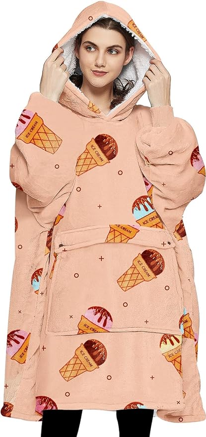 KFUBUO Wearable Blanket Hoodie for Adults Sherpa All Patterns Ice Cream Oversized Sweatshirt Blanket with Pockets Cute Birthday Gifts for Women
