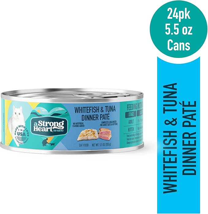 A Strong Heart Canned Wet Cat Food, Whitefish & Tuna Dinner Paté - 5.5 oz Cans (Pack of 24), Made in The USA with Real Ocean Whitefish & Tuna