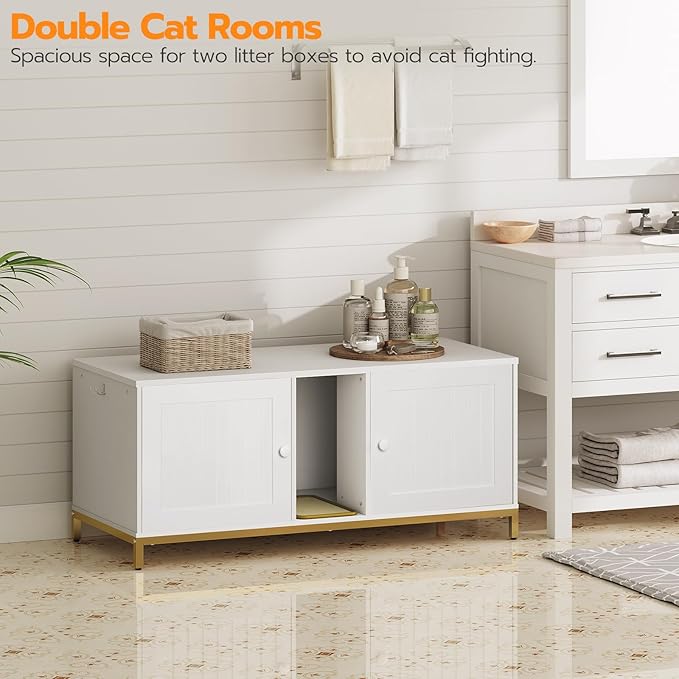 HOOBRO 44" Cat Litter Box Enclosure for 2 Cats, Double Cat Litter Box Furniture Hidden, TV Stand Litter Box Enclosure with Cat Scratching Mat, Cat House, Cat Washroom Cabinet, White, Gold DW20MW01