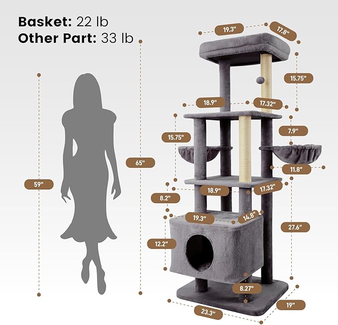 Gardner Pet 65in Heavy Duty Cat Tree Tower for Large Cats, Multi-Level Cat Furniture with Replaceable Sisal Scratching Post, Hammock | Extra-Large Platform & Condo (Grey)