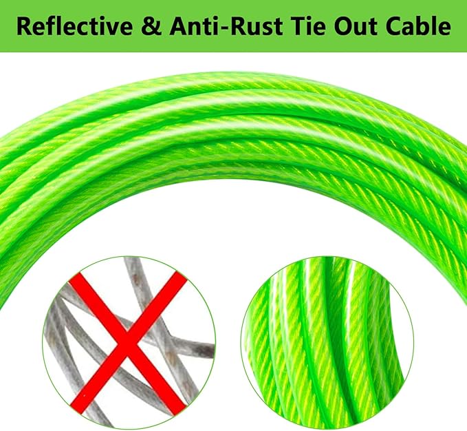 Dog Tie Out Cable 20FT-500Lbs,Heavy Duty Dog Leads&Tether for Yard with Swivel Hook,Small Large Dogs Leash Line for Outside,Rust Chew Proof Dogs Run Cable for Outdoor Camping (Green, 20FT)