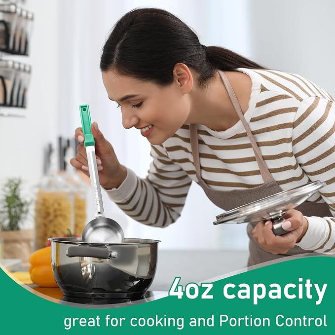 16 Pcs Portion Control Serving Spoons, Restaurant Measuring Serving Ladle Utensils, Portion Control Slotted Scoops for Weight Loss, Solid and Perforated Scoops(Green,4 oz)
