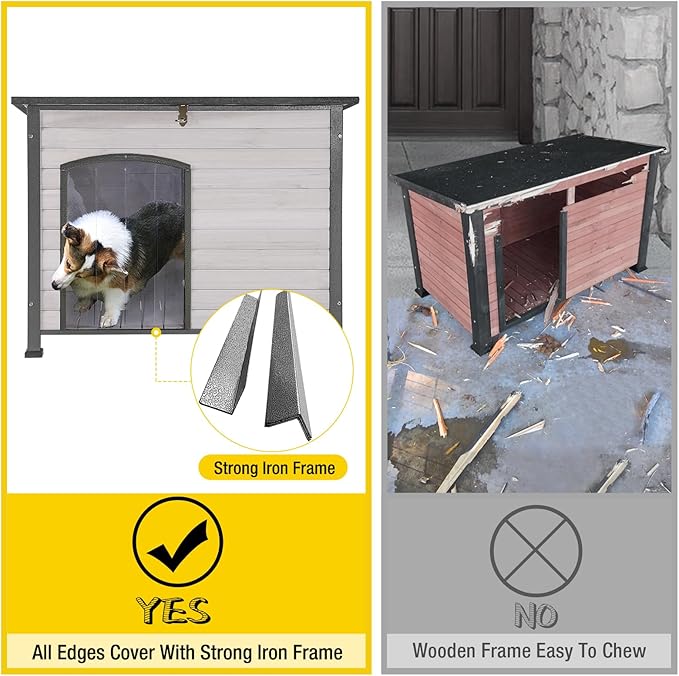 Aivituvin Large Dog House Outdoor Indoor Weatherproof Dog House for Small & Medium & Large Dogs with Unique All-Around Iron Frame＆Raised Feet（White）