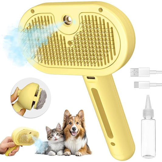 3 In 1 Steamy Brush with Release Button and Tank, Anti-Static Pet Brush for Long and Short Hair Pets to Remove Tangles and Loose Fur (Yellow)