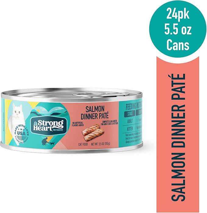 A Strong Heart Canned Wet Cat Food, Salmon Dinner Paté - 5.5 oz Cans (Pack of 24), Made in The USA with Real Salmon