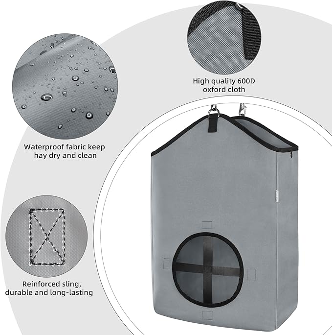 3 PCS Goat Hay Feeder,Hay Bags for Horses,Goats,Donkeys with Reinforced Oxford Fabric and High Strength Metal Clasp,Horse Feeding Supplies with Adjustable Strap for Easy Hanging (2Grey+1Black)