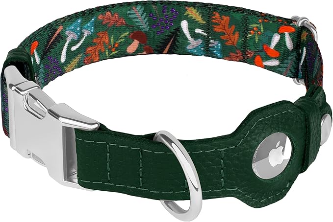 AirTag Dog Collar for Small Medium Large Breed - Adjustable Cute Pattern Dog Collar with Airtag Holder - Soft Leather Tracker GPS Apple Air Tag Pet Collars (Large, 17"-21" Neck Fit, Mushroom)