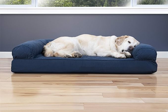 Furhaven Cooling Gel Dog Bed for Large Dogs w/ Removable Bolsters & Washable Cover, For Dogs Up to 95 lbs - Quilted Sofa - Navy (Blue), Jumbo/XL
