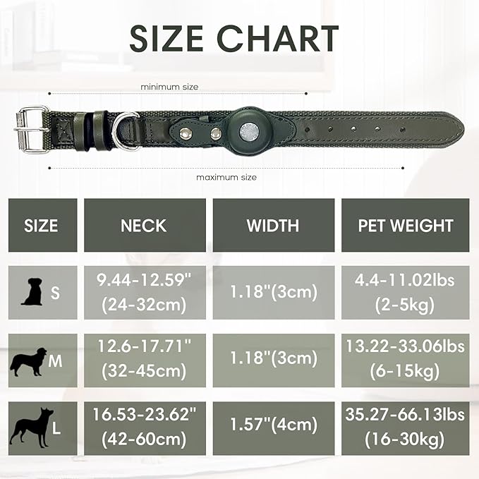 AirTag Dog Collar Soft Leather Webbing Dog Collar for AirTag Provides Double Protection for Small Medium and Large Dogs(Green,S)