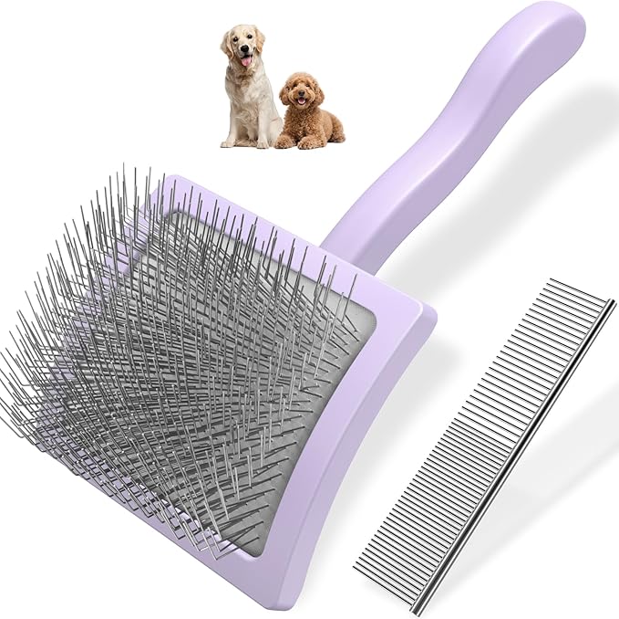 2PCS Slicker Brush for Dogs & Pet Comb,Professional Dog Grooming Brush (Goldendoodles,Poodles,Labradoodles) with Extra Long Pins to Effectively Remove Tangles, Knots and Mats (Light Purple)