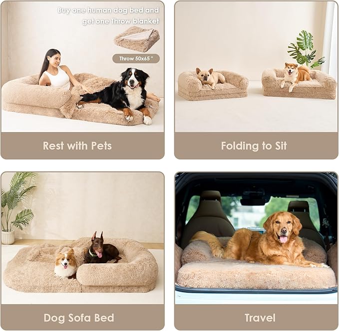 EHEYCIGA Foldable Human Dog Bed, Orthopedic Memory Foam Human Sized Dog Bed, Waterproof Pet Bed for People, Faux Fur Pet Couch for Adult, Camel, 72"x44"x11"