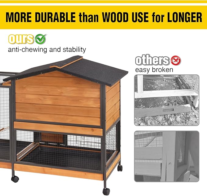 AIVITUVIN Rabbit Hutch Indoor with Metal Frame Rabbit Cage with Pull Out Tray No Leakage Bunny Cage with Wheel Guinea Pig Cage