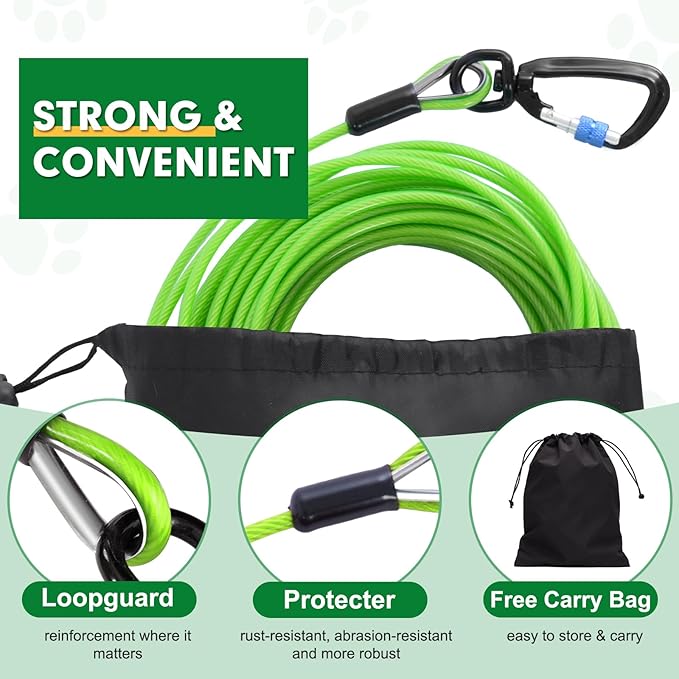 Snagle Paw Dog Leads for Yard 50FT-1000LBS Break Strength,Heavy Duty Tie Out Cable for Dogs with Swivel Lockable Hook & Spring,Chew Proof Dog Chain for Outside,Dog Run Cable for Medium Large Dogs
