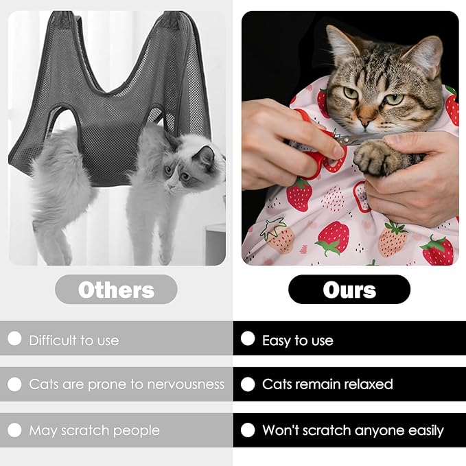 27.6" Cat Grooming Wrap, Self Adhesive Cat Wrap for Cutting Nails, Anti-Escape Calming Cat Swaddle Wrap for Medicine Ear Cleaning, Strawberry Anti-Scratch Cats Burrito Restraint Blanket, Pet Tool