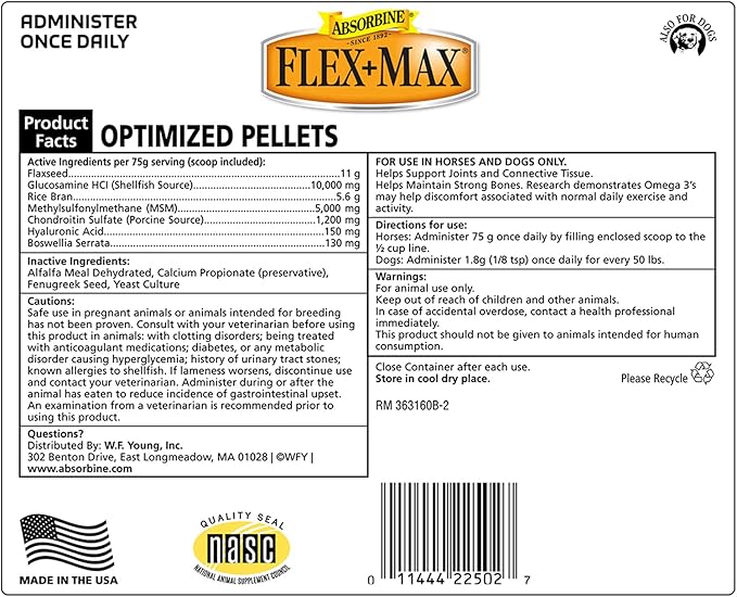 Absorbine Flex+Max Horse Joint Supplement Pellets, Highly Palatable, Comprehensive Equine Formula with Glucosamine, MSM, Chondroitin & Flaxseed, 10lb Tub / 60 Day Supply