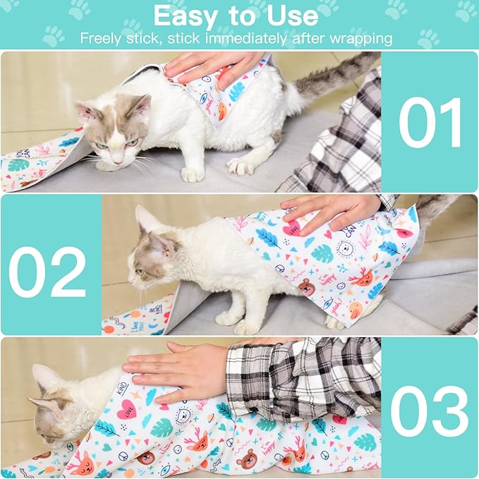 17.7" Cat Grooming Wrap, Cat Wrap for Cutting Nails, Self-Adherent Fabric Wrap for Cats, Cat Burrito Wrap Anti-Scratch, Anti-Escape, Multifunctional Swaddle Wrap Pet Tool (Green Kitten, Medium)