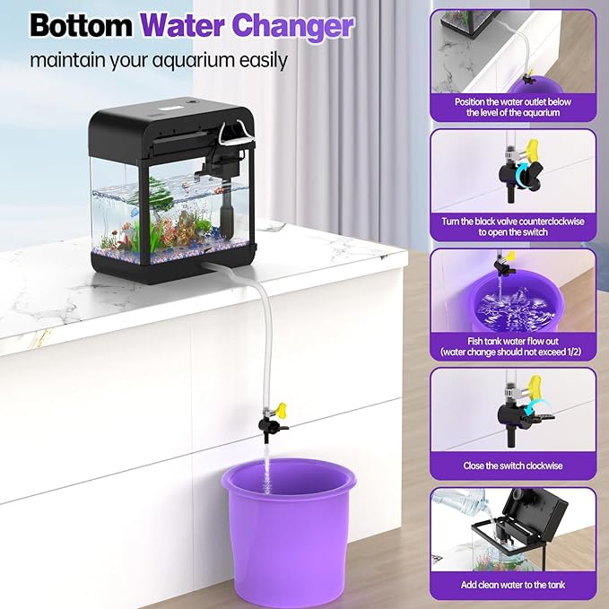 Fish Tank 2.2 Gallon Fish Aquarium with Music Humidifier 7 Color Auto-Looping Light Adjustable Water Pump with Filtration & Aeration & Circulation, Temperature Display, Bottom Water Changer
