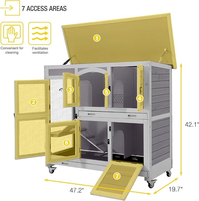 Aivituvin Rabbit Hutch Indoor, Bunny Cage with Wheels, 2-Story Design, 2 Deep Trays, Anti Slip Ramp, Ideal for Small Animals - Grey