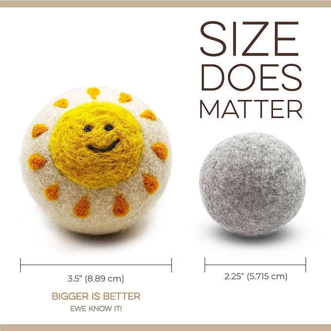 Fluff Ewes Wool Dryer Balls 6 Pack Premium New Zealand Wool Laundry Balls for Dryer, No Static Dryer Balls Laundry Reusable, XL Wool Dryer Balls Cute, Baby Dryer Balls for Dryers - Rainbow or Shine