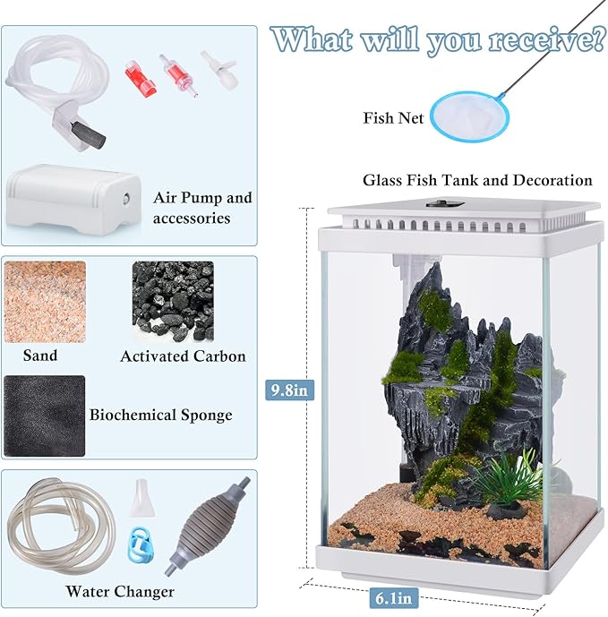 FEDOUR Small Glass Aquarium, 1 Gallon Desktop Fish Tank, Betta Fish Tank, Mini Aquarium Starter Kit with Air Pump LED Light Decoration Water Changer Fish Net (White)