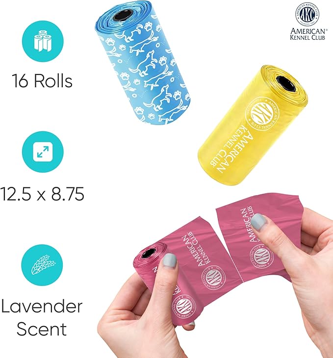 AKC Dog Poop Bags - Leak Proof Pet Waste Bags - 16 Refill Rolls - Lavender Scent - 240 Count (Puppy Print)