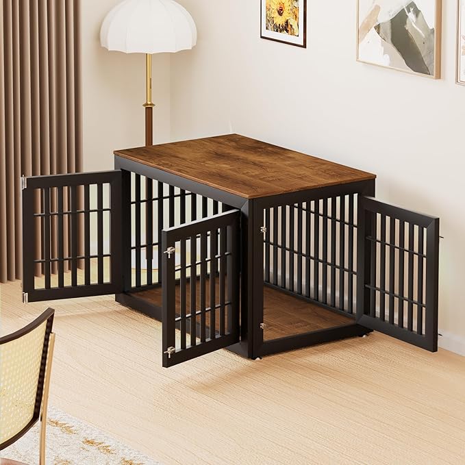 48" Heavy Duty Dog Crate Furniture for Small,Medium and Large Dogs,Rustic Wooden Dog Cage Kennel Indoor Furniture with Waterproof Top,Decorative Pet House Side End Table (Black & Wood)