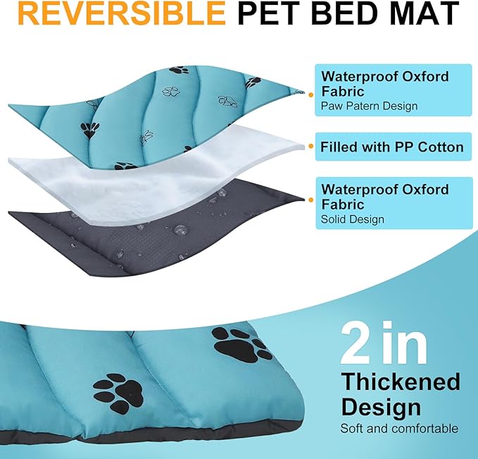BEAUTYZOO Outdoor Dog Bed Waterproof, Camping Dog Bed Reversible, Portable Travel Bed with Carry Bag- Machine Washable, Durable, Foldable Outdoor Pet Bed Mat for Medium Large Dogs, 26” x 43“ Blue