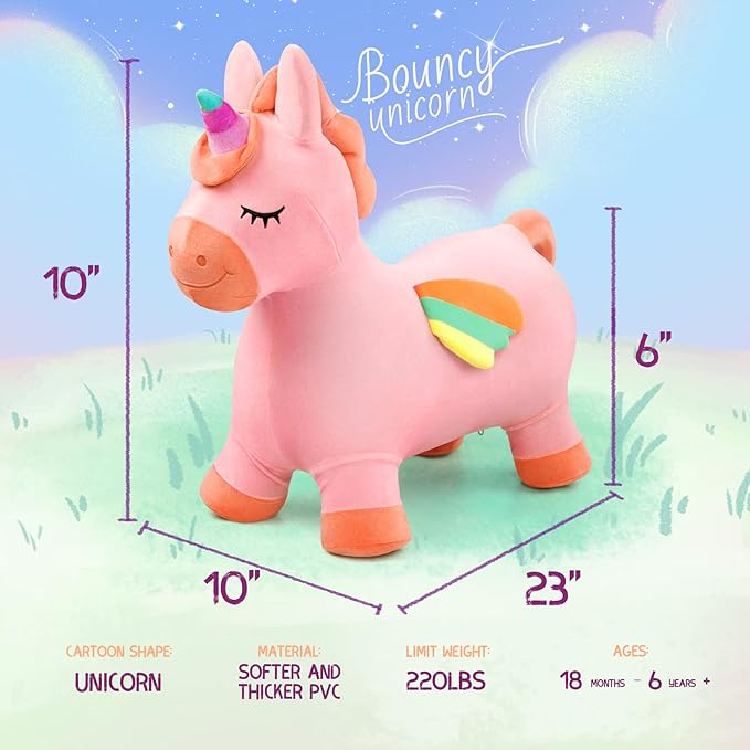 EVERICH TOY Bouncy Horse Unicorn Toys, Inflatable Bouncing Animal Hopping Toys, Outdoor Indoor Ride on Bouncer, Boys Girls Birthday Gift for 18 Month 2 3 4 5 6 Year Old Kid- Plush Unicorn Toy