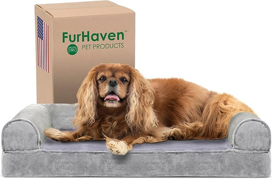 Furhaven Cooling Gel Dog Bed for Medium/Small Dogs w/ Removable Bolsters & Washable Cover, For Dogs Up to 35 lbs - Faux Fur & Velvet Sofa - Smoke Gray, Medium