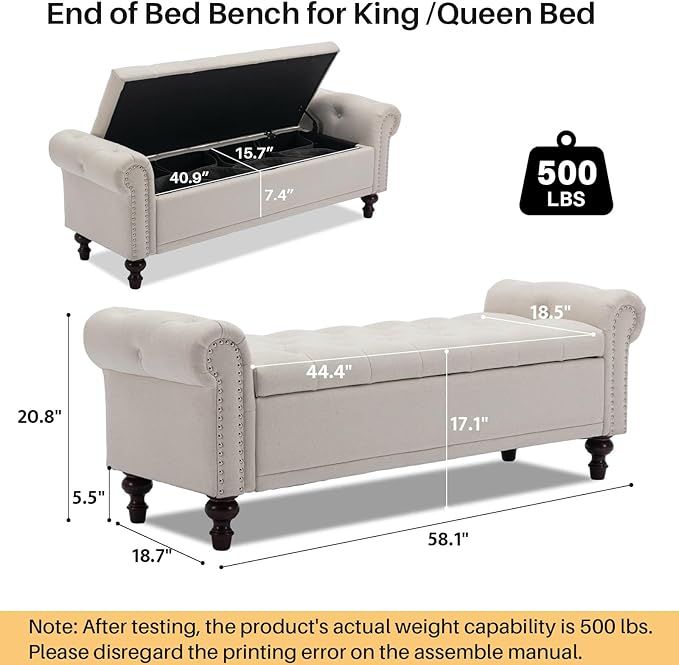 58.1'' Storage Bench Upholstered Linen End of Bedroom Bed Bench Ottoman with Tufted Cushioned Rolled Arm Large Storage Space for Reading Living Room Entryway, Beige