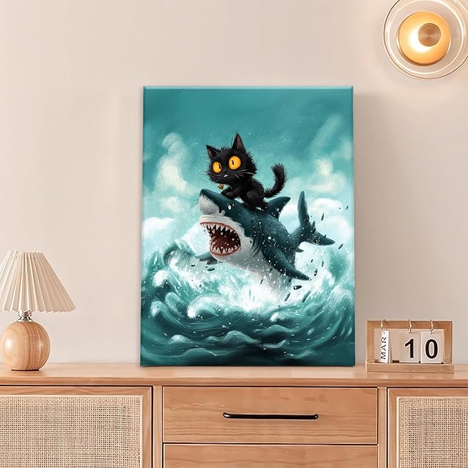 Funny Black Cat Bathroom Wall Art Cute Cat Riding Shark Canvas Wall Decor Animal Kitten Pictures Painting Print Artwork Framed Decorations Gifts for Cat Lover Kids Room Bedroom 12"x16"