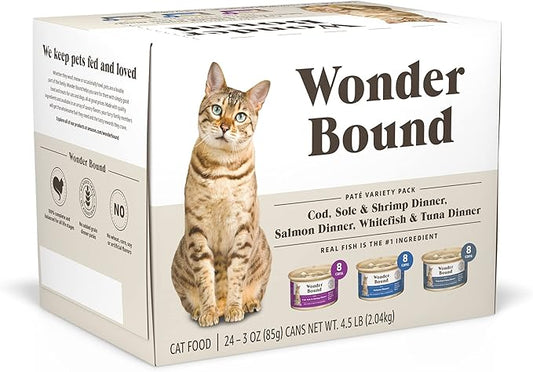 Amazon Brand - Wonder Bound Wet Cat Food, Pate, No Added Grain, Variety Pack (Cod, Sole & Shrimp, Salmon, White Fish & Tuna), 3 ounce (Pack of 24)