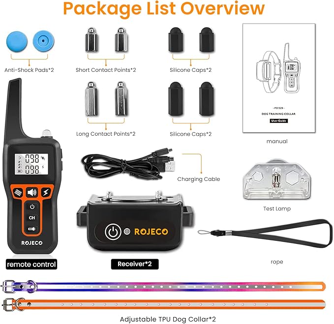 ROJECO Dog Shock Collar for 2 Dogs with 3300FT Remote，IPX7 Waterproof Rechargeable Shock Collar for Large Medium Small 2 Dogs for 4 to 120 lbs，3 Safe Training Modes with Beep，Vibration and Shock