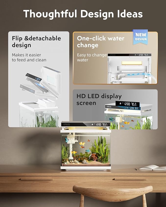 Fish Tank Smart Aquarium Kit: URUQ 2 Gallon Self Cleaning Multi-Layer Filtration System Silent Pump - UHD Glass 7-Color Lighting Temperature Monitoring - Fragrance Diffuser Humidifier White