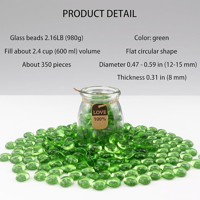 2.16LB Glass Beads Vase Filler Aquarium Gravel Decor Flat Glass Marbles Gems Pebbles Fish Tank Rocks Home Decorative Art Craft - Green