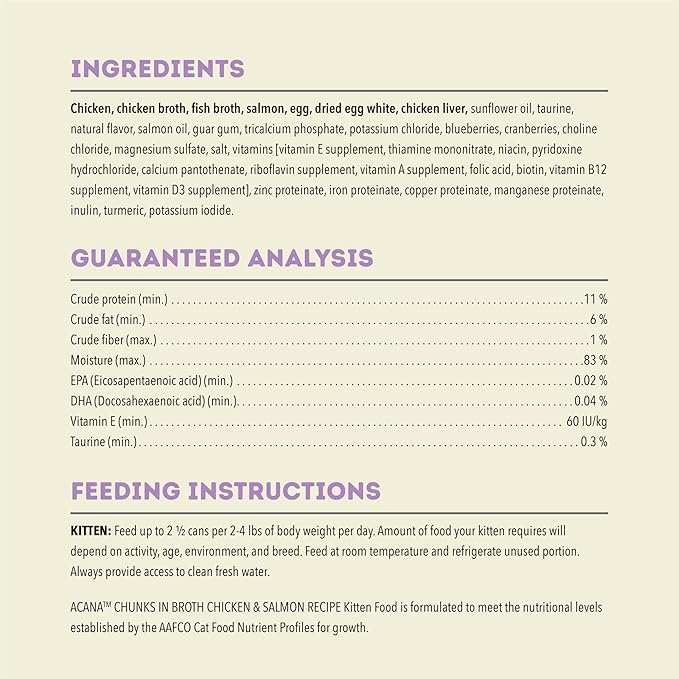 ACANA Chunks in Broth Wet Cat Food Chicken & Salmon Recipe for Kittens 5.5oz Cans (6 Count)