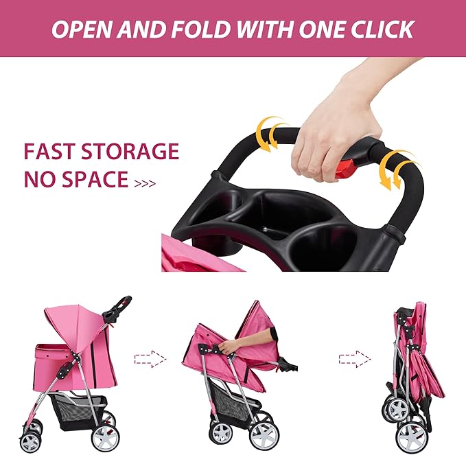 4 Wheels Pet Stroller for Small Medium Dogs Cats 10-33 lbs, Foldable Dog and Cat Stroller with Cup Holder & Storage Basket & Breathable Mesh, Pet Strolling Cart for All-Season, Pink
