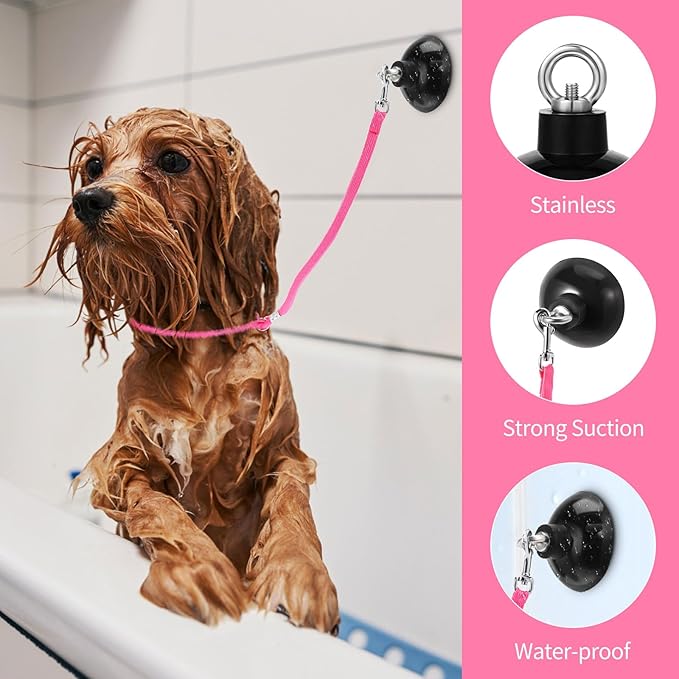 Frienda 4 Pieces Dog Bathing Tether with Suction Cup Pet Dog Grooming Tub Restraint Loops and Adjustable Cat Fixed Safety Rope for Pet Shower Bathing Grooming(Blue Pink Bright Green)