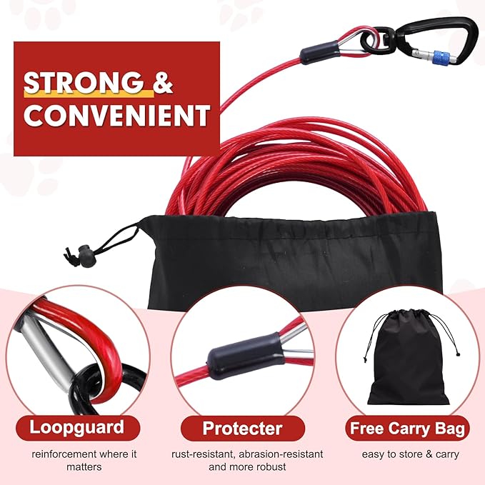 Snagle Paw Dog Leads for Yard 50FT-1000LBS Break Strength,Heavy Duty Tie Out Cable for Dogs with Swivel Lockable Hook & Spring,Chew Proof Dog Chain for Outside,Dog Run Cable for Medium Large Dogs