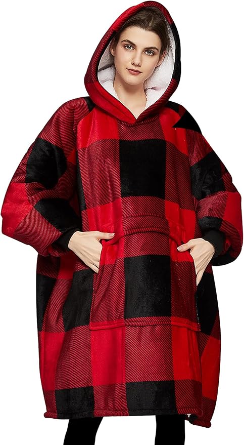 KFUBUO Wearable Blanket Hoodie for Adults Sherpa All Patterns Oversized Sweatshirt Blanket with Pockets for Women Red Plaid